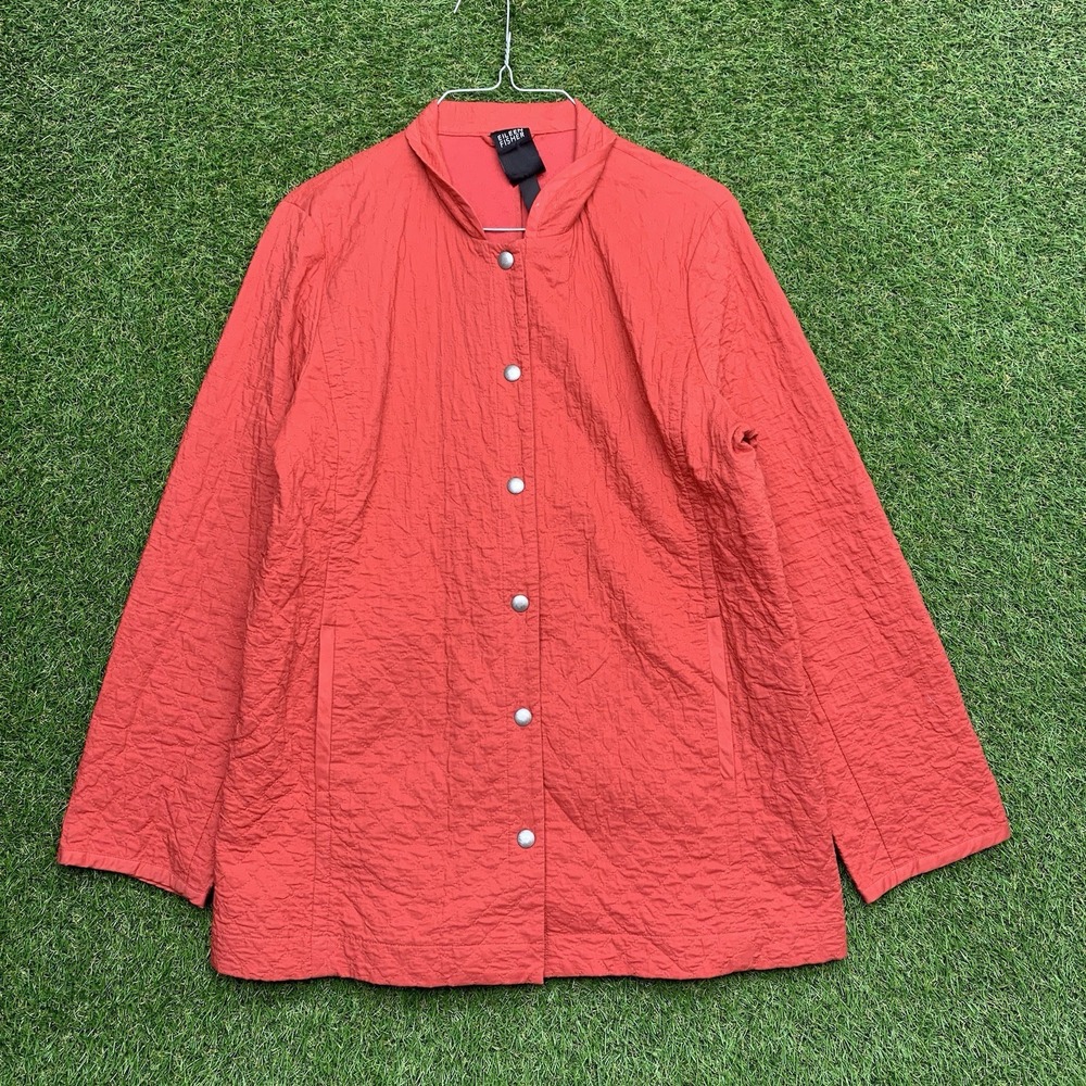 Eileen Fisher Quilted Jacket Womans Small Coral Red Mandarin Snap Close Blazer